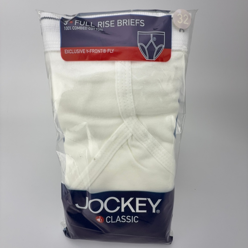 Jockey Classic 3 Pack Full Rise Briefs White Cotton Y-Front Fly Style Size 32